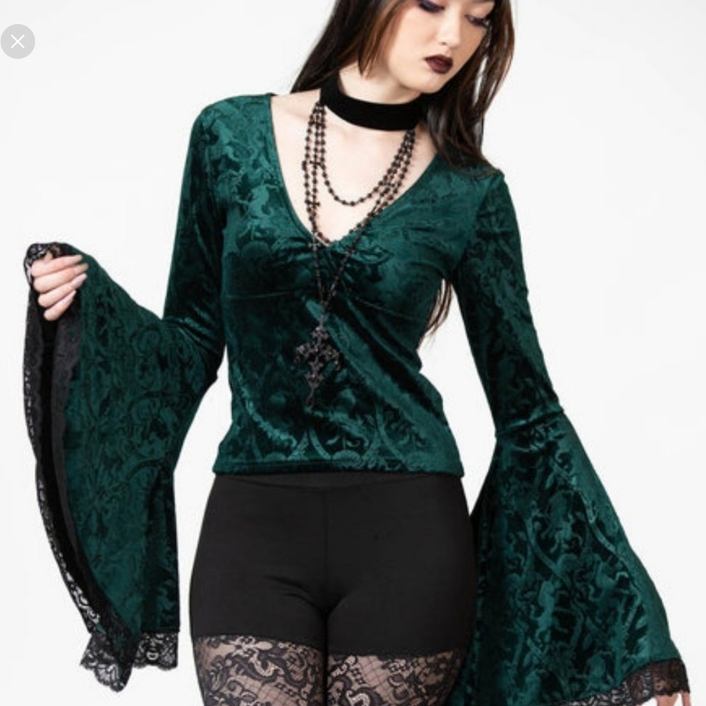 Emerald Aetheling velvet top Unicorn print Ethereal alt goth bell sleeve